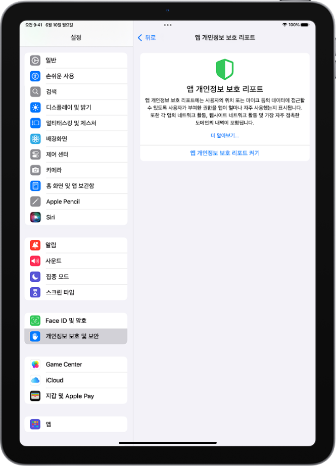 앱 개인정보 보호 리포트 화면. 해당 화면에서 리포트를 켜서 사용자가 부여한 권한을 앱이 사용하는 빈도를 해당 네트워크 활동과 함께 표시할 수 있음.