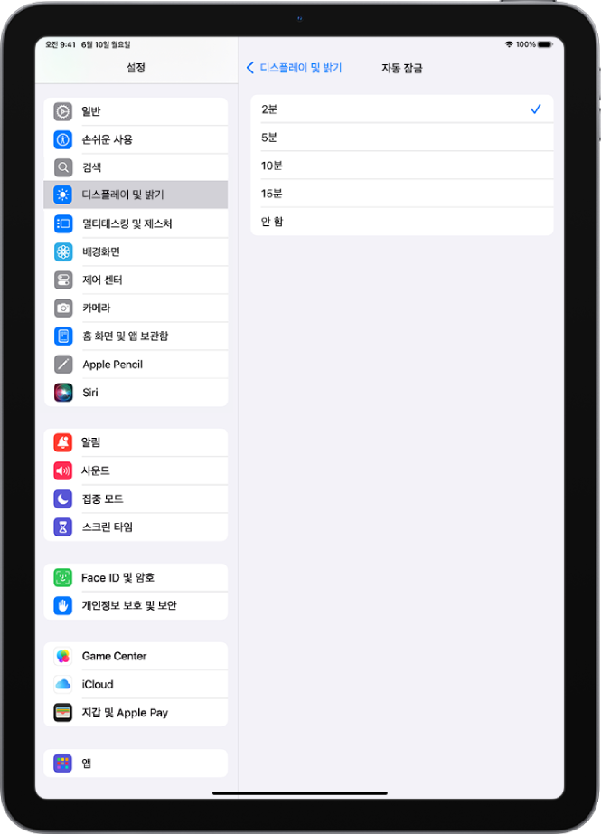 iPad가 자동으로 잠기기까지 걸리는 시간을 설정할 수 있는 자동 잠금 화면.