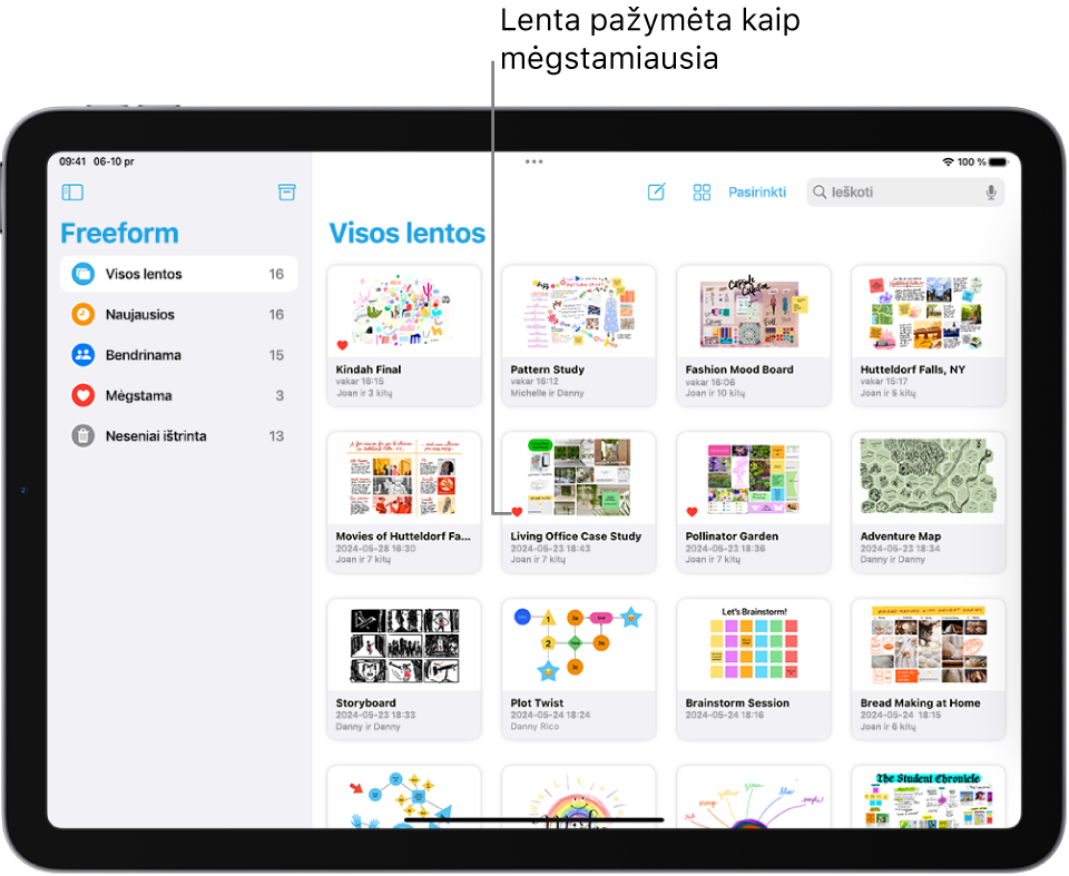 Įrenginyje „iPad“ atidaryta programa „Freeform“. Šoninėje juostoje pasirinkta parinktis „Visos lentos“, o dešinėje rodomos lentų miniatiūros.