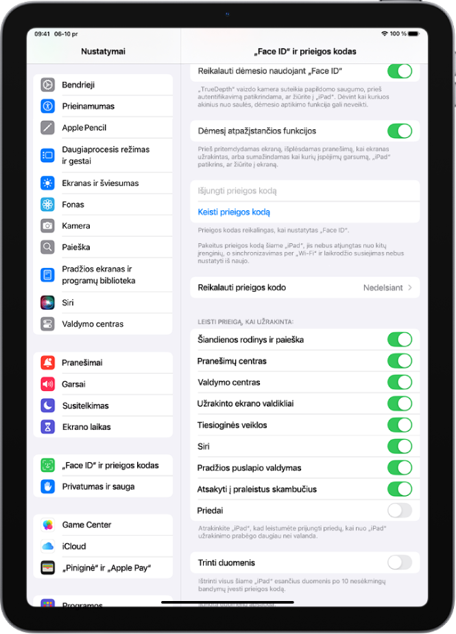 „Face ID“ ir prieigos kodo“ nustatymai, leidžiantys pasiekti konkrečias funkcijas, kai „iPad“ užrakintas.