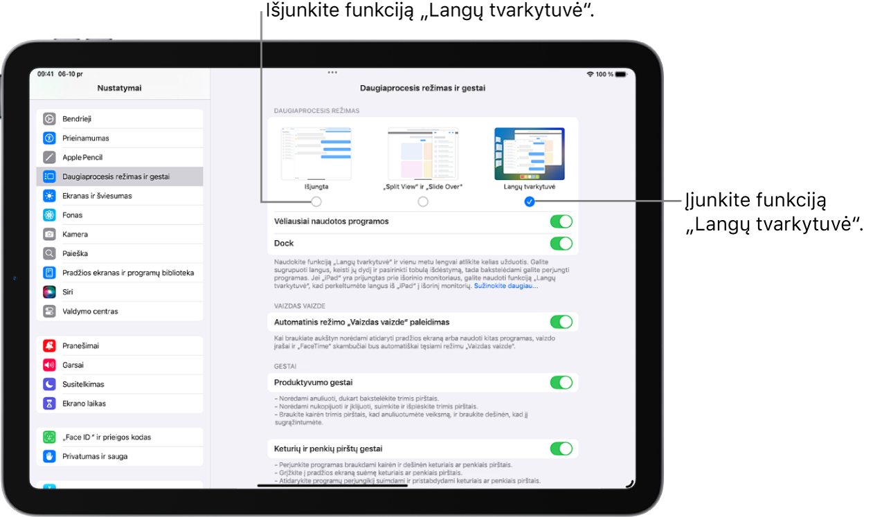 „Nustatymų“ ekranas, skirtas įjungti arba išjungti „Stage Manager“.