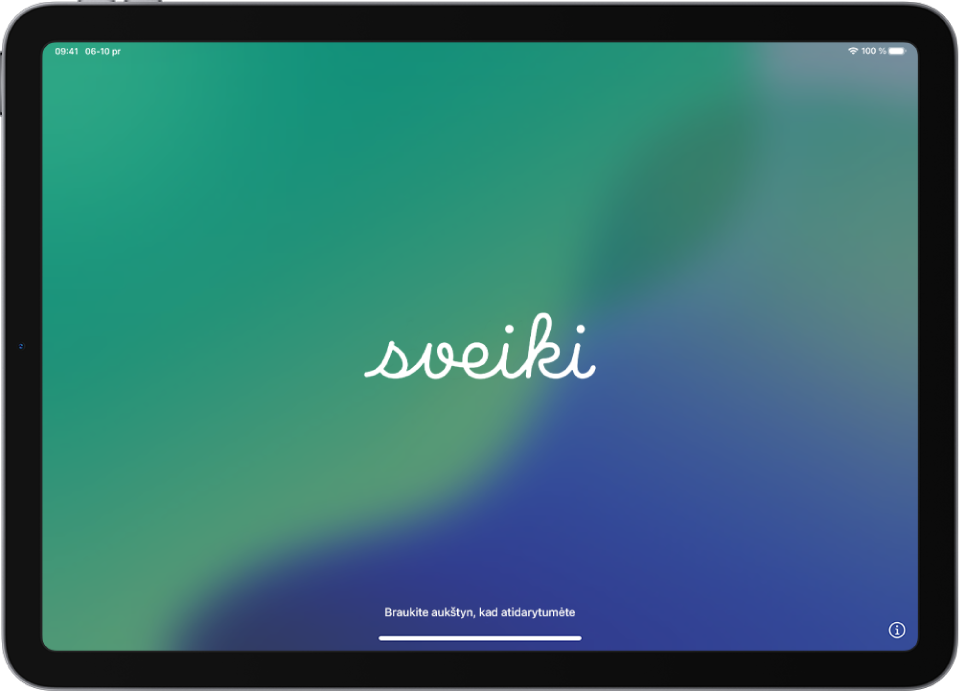 Pasveikinimo ekranas, rodomas pirmą kartą įjungus „iPad“.