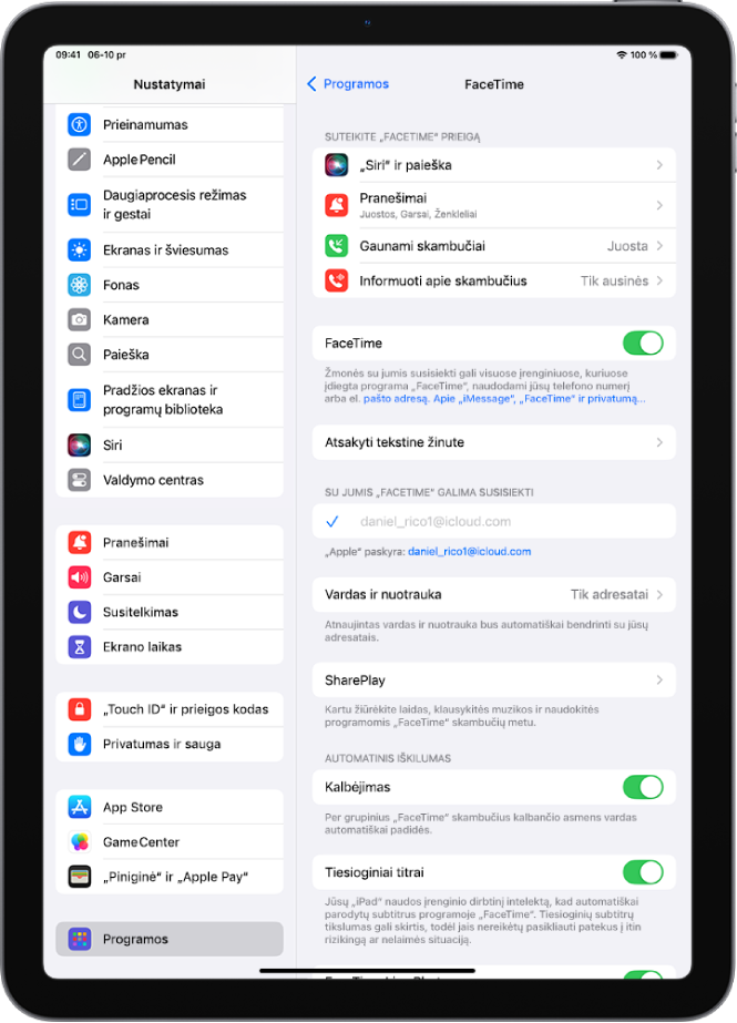 „FaceTime“ ekranas „Nustatymai“, kuriame rodomas „FaceTime“ įjungimo arba išjungimo valdiklis ir „Apple“ paskyra, naudojama programoje „FaceTime“.