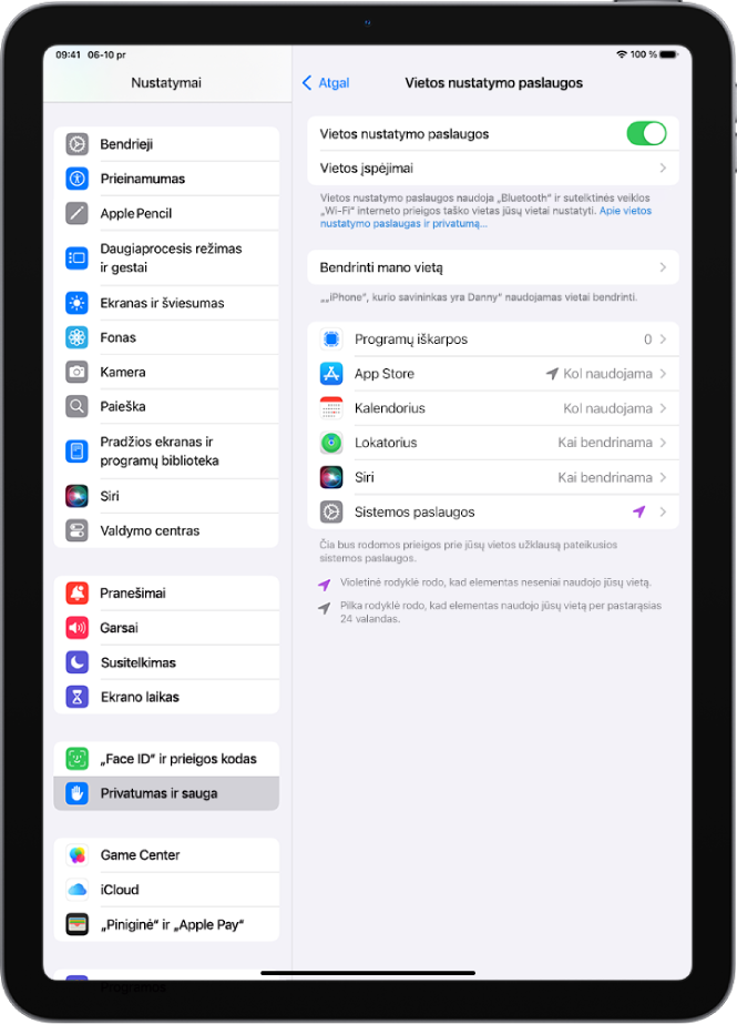 Ekranas „Vietos nustatymo paslaugos“, pateikiami nustatymai, skirti bendrinti „iPad“ buvimo vietą su programomis.