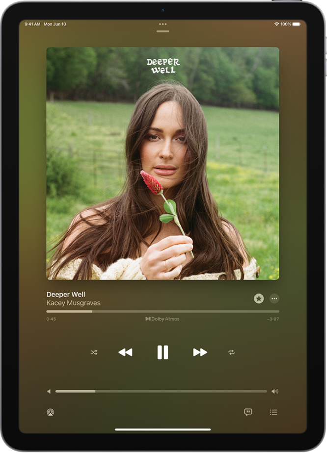 Ekrāns Now Playing, kurā redzamas dažādas vadīklas un pogas.