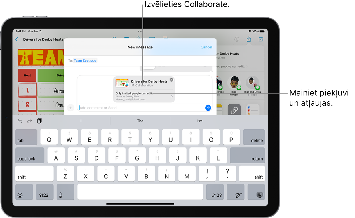 Sadarbības uzaicinājums uz zīmējumu lietotnē Notes, kurā redzama kopīgošanas opcija Collaborate un “Only people you invite can edit” (Tikai uzaicinātie cilvēki var rediģēt) kā piekļuves un atļaujas iestatījums. Zem tā rindu veido četri iespējamie saņēmēji, tostarp grupa. Apakšējā rindā ir dažādi veidi, kā kopīgot piezīmi: AirDrop, Messages, Mail un Freeform.