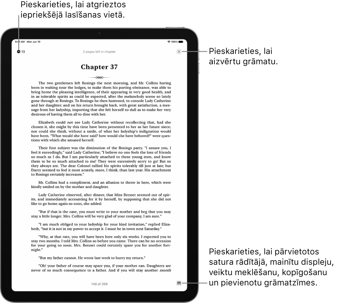 Grāmatas lappuses lietotnē Books. Ekrāna augšdaļā ir pogas, lai atgrieztos lappusē, kurā sākāt lasīšanu, kā arī pogas grāmatas aizvēršanai. Ekrāna apakšējā labajā stūrī ir poga Menu.