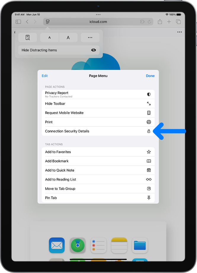 Lietotnē Safari ir atvērta izvēlne Page Settings, un lapas vidusdaļā ir vadības elements Connection Security Details.