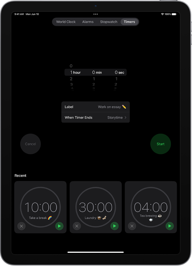 Cilnē Timers ir redzami iestatījumi taimera iestatīšanai. Zem taimera iestatījumiem ir nesen izveidotais taimeris. Apakšdaļā ir izkārtotas pogas World Clock, Alarm, Stopwatch un Timers.