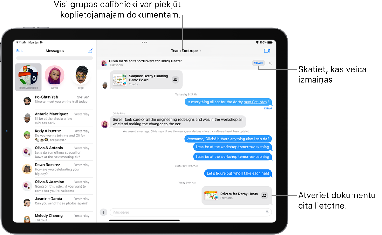 Grupas saruna lietotnē Messages, tostarp sadarbības uzaicinājums un atjauninājumi sarunas loga augšdaļā.