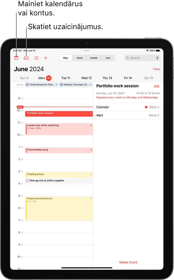 Kalendārs skatā Day. Ekrāna augšpusē esošās pogas ļauj mainīt skatu: Day, Week, Month un Year. Poga Calendars atrodas ekrāna augšdaļā pa kreisi, bet poga Inbox pie augšdaļas pa kreisi.