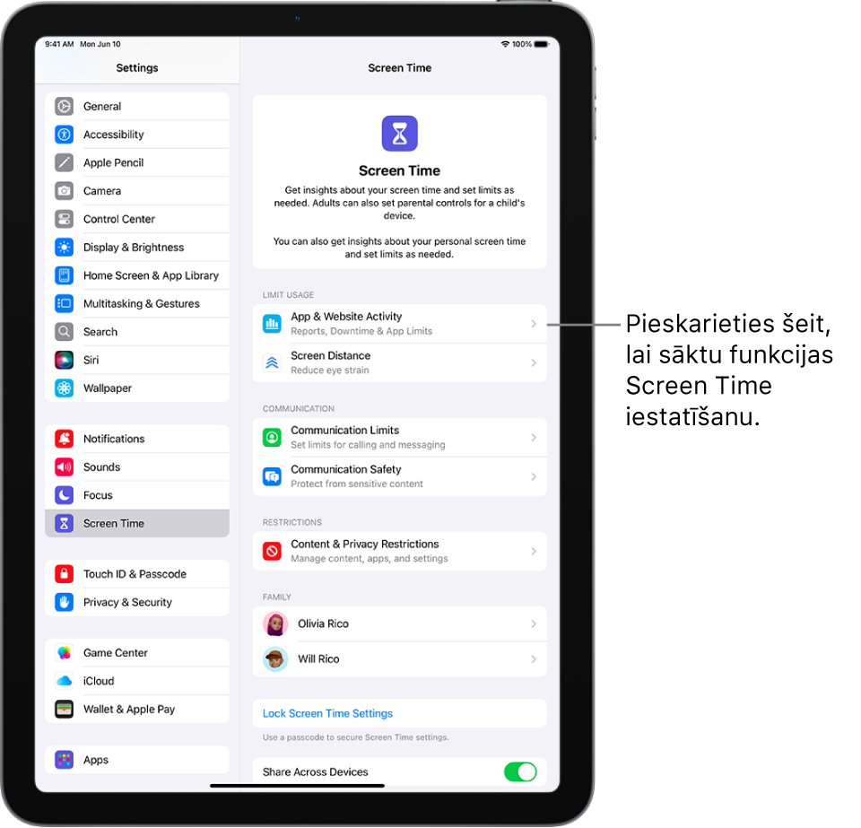 Ekrāns, lai iestatītu Screen Time, kur redzams, ka darba iesākšanai pieskaraties App & Website Activity.