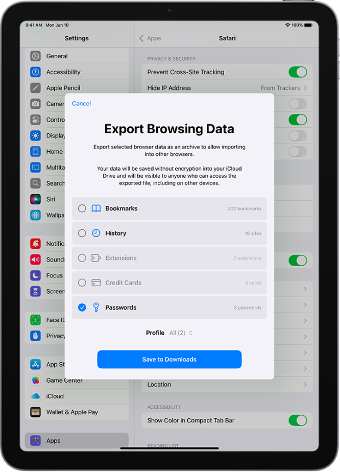 Ekrāns Export Browsing Data, kurā atlasīta opcija Passwords, lai veiktu eksportēšanu uz citu paroļu pārvaldnieku.