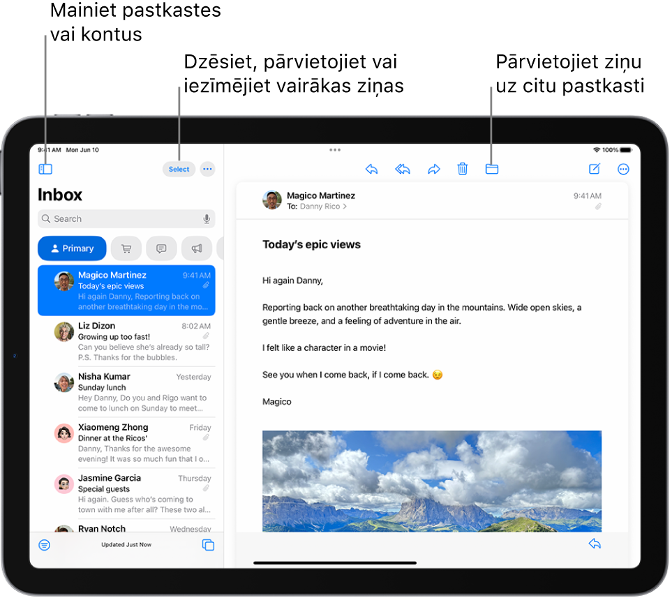Lietotnes Mail iesūtne ar e-pastu sarakstu pa kreisi un atvērtu e-pasta ziņojumu pa labi.