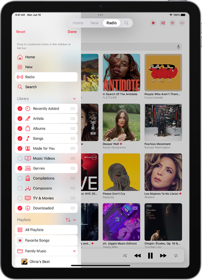 പോർട്രെയ്റ്റ് ഓറിയന്റേഷനിലുള്ള iPad സ്ക്രീനിന്റെ ഇടതുവശത്തുള്ള സൈഡ്ബാറും സ്ക്രീനിന്റെ മുകളിലുള്ള ടാബ് ബാറും എഡിറ്റ് ചെയ്യാനുള്ള ഓപ്ഷനുകൾ കാണിക്കുന്നു.