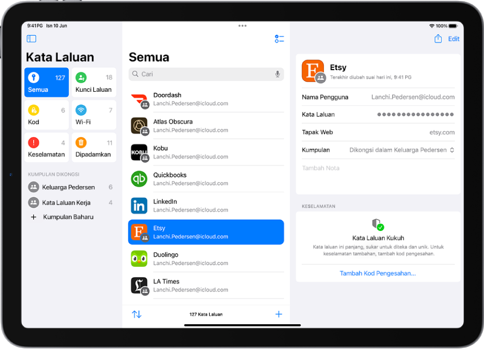 App Kata Laluan menunjukkan senarai app. Satu app dipilih dan menunjukkan nama pengguna, kata laluan disembunyikan, tapak web dan kumpulan yang berkongsi kata laluan.
