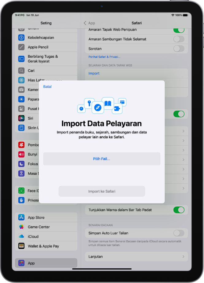 Skrin Import Data Pelayaran yang menunjukkan data daripada pelayar layan untuk diimport ke Safari.
