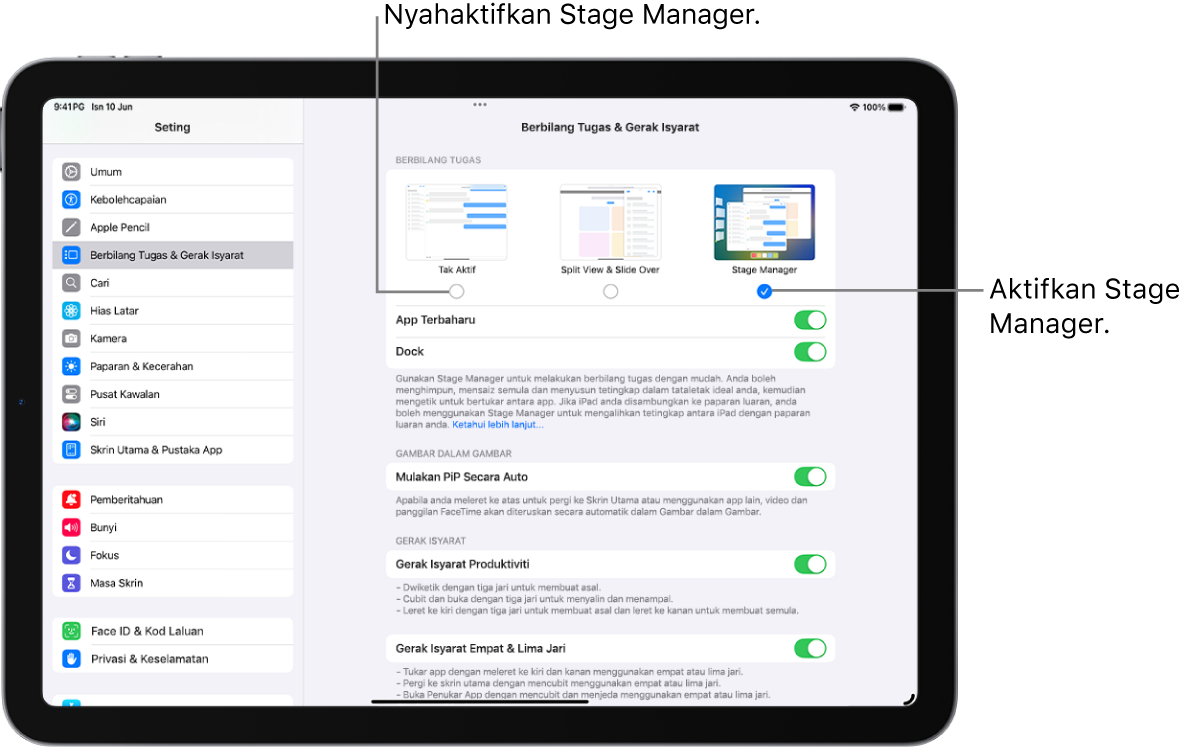 Skrin Seting untuk mengaktifkan atau menyahaktifkan Stage Manager.