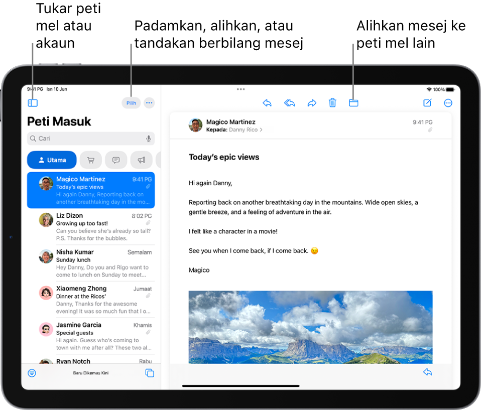 Peti Masuk Mail, dengan senarai e-mel di bahagian kiri dan e-mel terbuka di bahagian kanan.