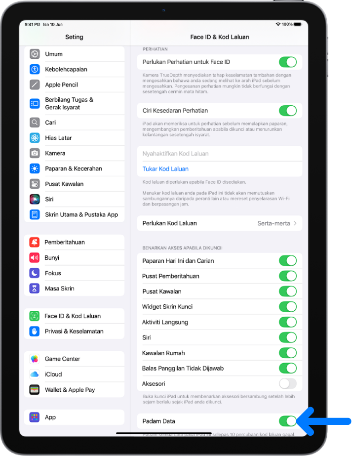 Kawalan Padam Data, yang terletak di bahagian bawah skrin Face ID & Kod Laluan dalam Seting.