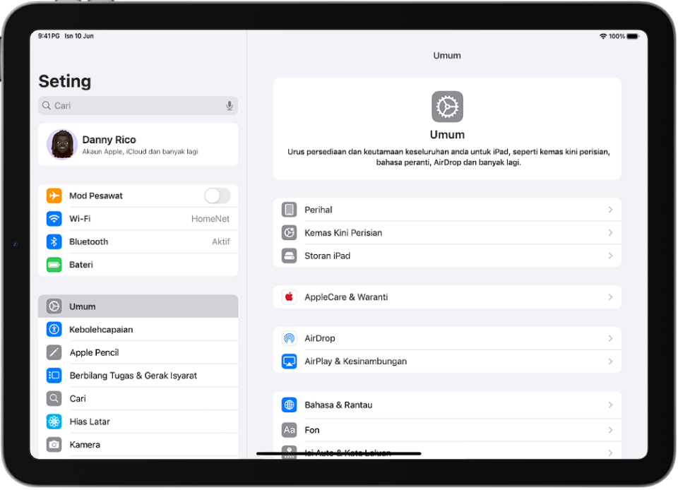 Skrin Utama iPad dengan beberapa ikon app, termasuk ikon app Seting, yang anda boleh ketik untuk menukar kelantangan bunyi iPad anda, kecerahan skrin dan banyak lagi.