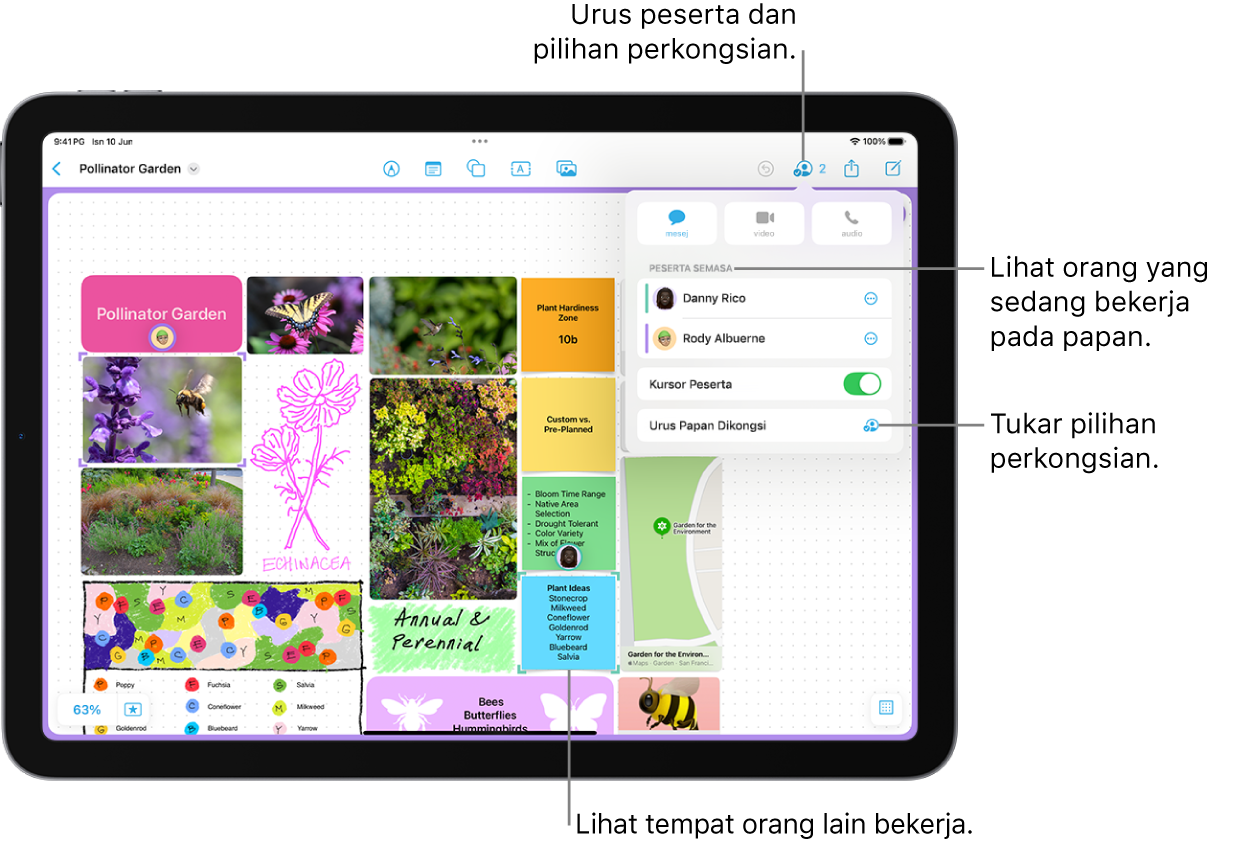 Papan Freeform dikongsi pada iPad dengan menu bekerjasama dibuka dan lokasi peserta lain pada papan ditandakan dengan tanda semak ungu.