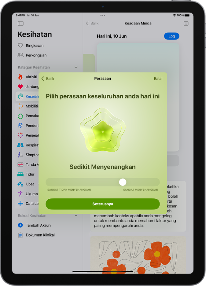 Skrin dalam app Kesihatan mengenal pasti perasaan semasa sebagai Sedikit Menyenangkan. Di bahagian bawah skrin ialah gelangsar untuk melaraskan tahap emosi.
