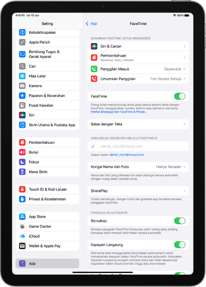 Skrin Seting FaceTime, menunjukkan kawalan untuk mengaktifkan atau menyahaktifkan FaceTime dan Akaun Apple yang sedang digunakan untuk FaceTime.