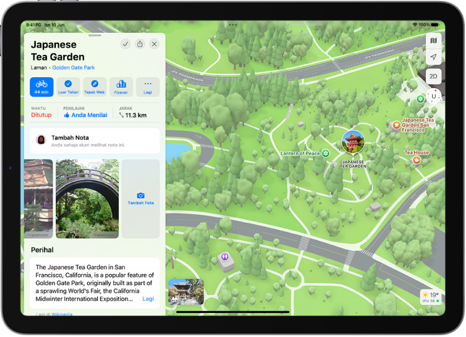 iPad dengan kad tempat dengan penilaian keseluruhan untuk lokasi, foto dan butang untuk ditambah atau layari foto atau nilaikan tempat.