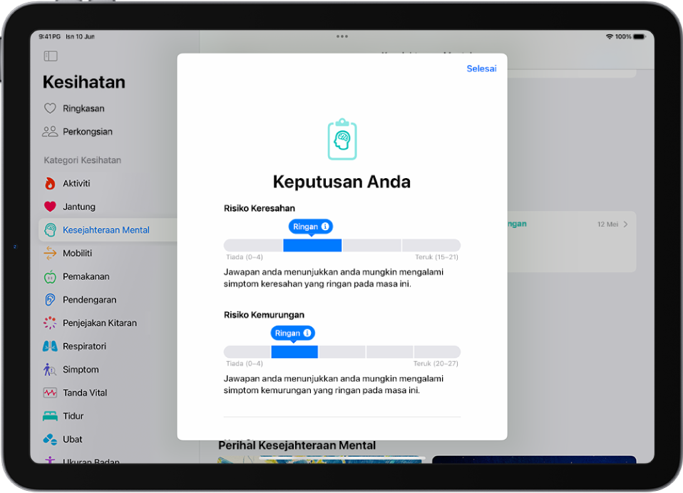 Skrin dalam app Kesihatan menunjukkan keputusan soal selidik kesihatan mental.