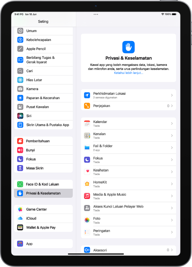 Skrin Privasi & Keselamatan, dengan seting untuk Perkhidmatan dan Penjejakan Lokasi, serta seting untuk mengawal app yang boleh mengakses data anda.