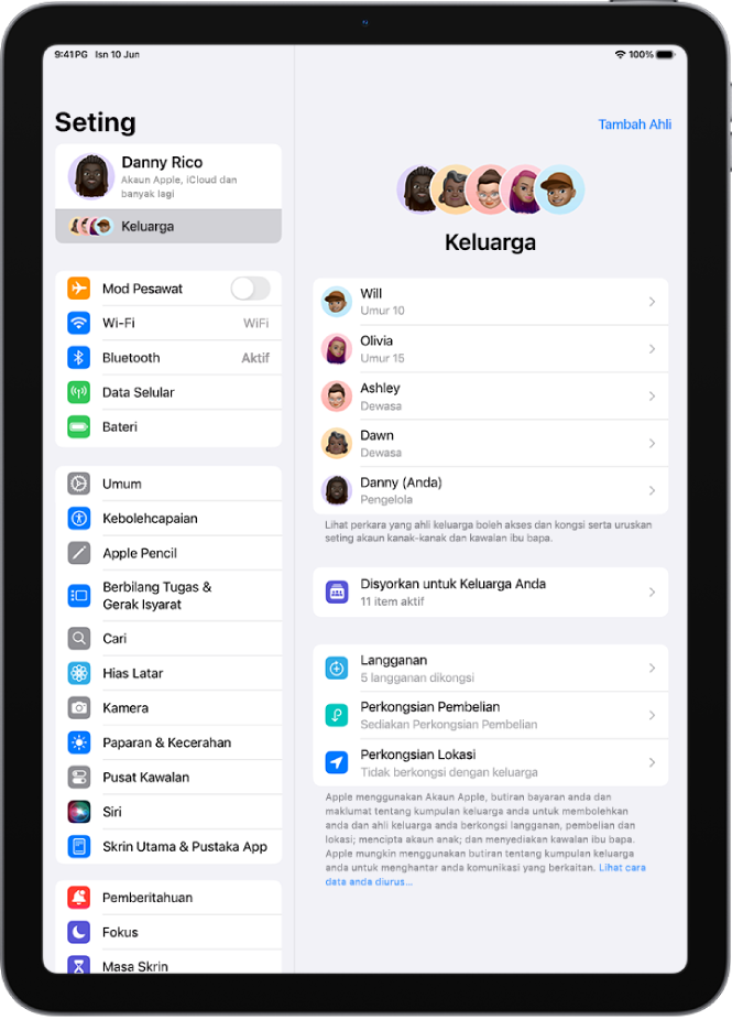 Skrin Keluarga dalam Seting. Sehingga lima ahli keluarga disenaraikan di atas ciri yang dikongsi.