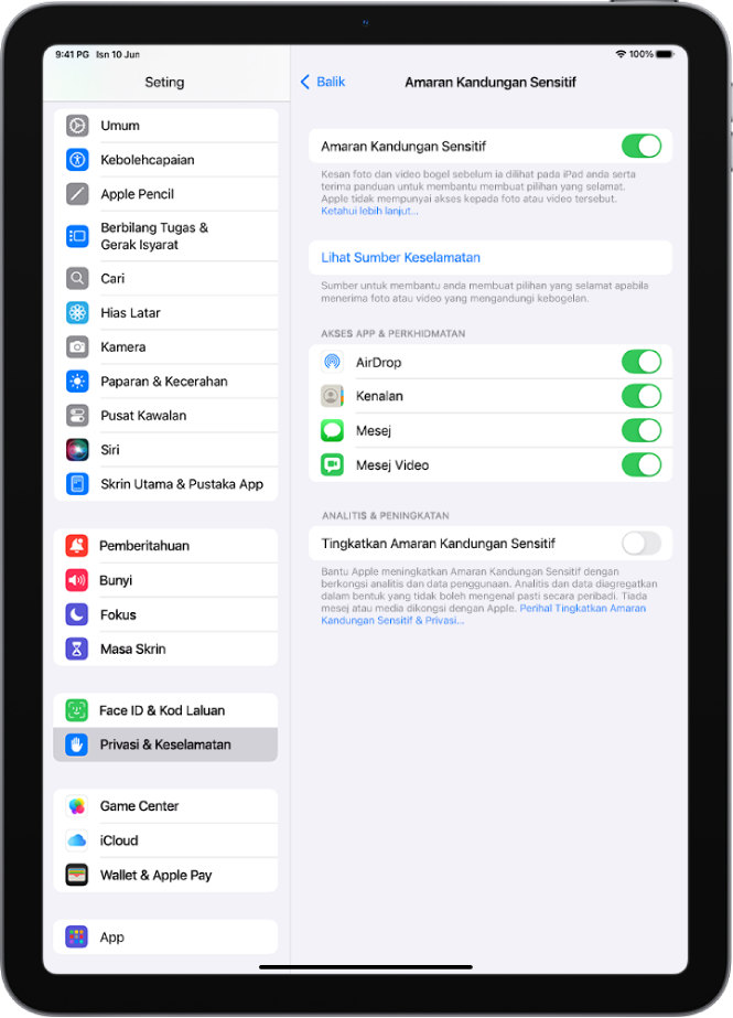 Seting untuk Amaran Kandungan Sensitif, dengan butang berlabel Lihat Sumber Keselamatan dan butang berlabel Tingkatkan Amaran Kandungan Sensitif untuk berkongsi data analitis dan penggunaan data dengan Apple.