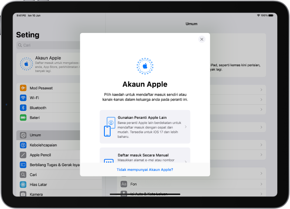 Skrin Seting, dengan dialog daftar masuk Akaun Apple di bahagian tengah skrin.