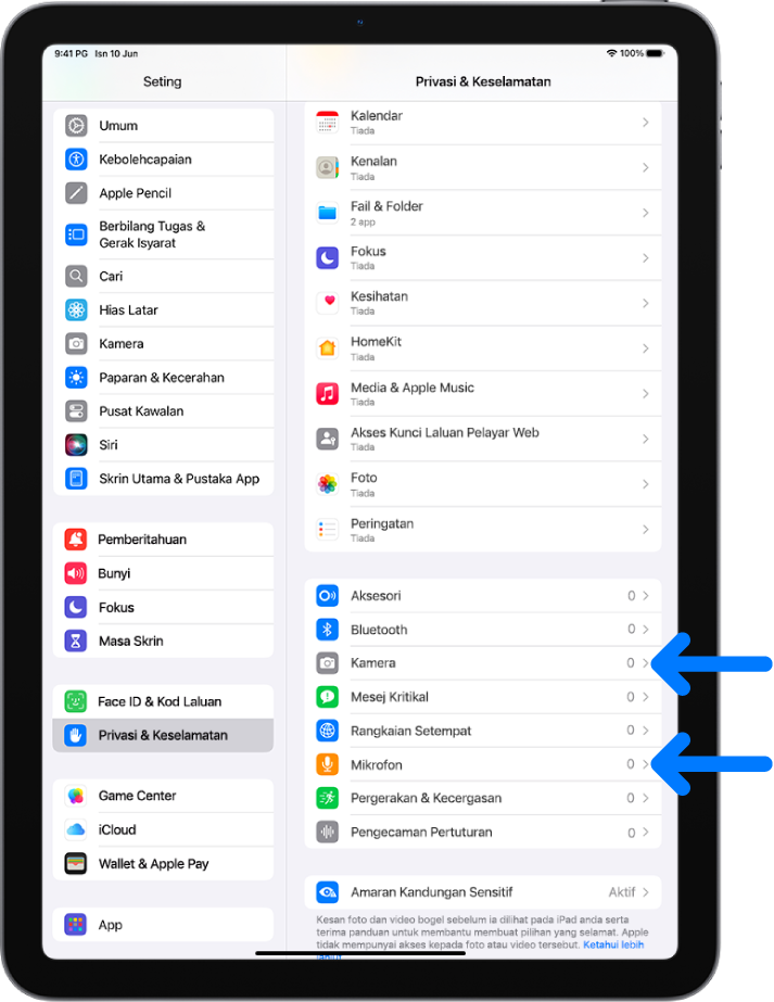 Skrin Privasi & Keselamatan, dengan seting untuk mengawal sama ada app boleh menggunakan kamera, mikrofon dan bahagian lain iPad anda.
