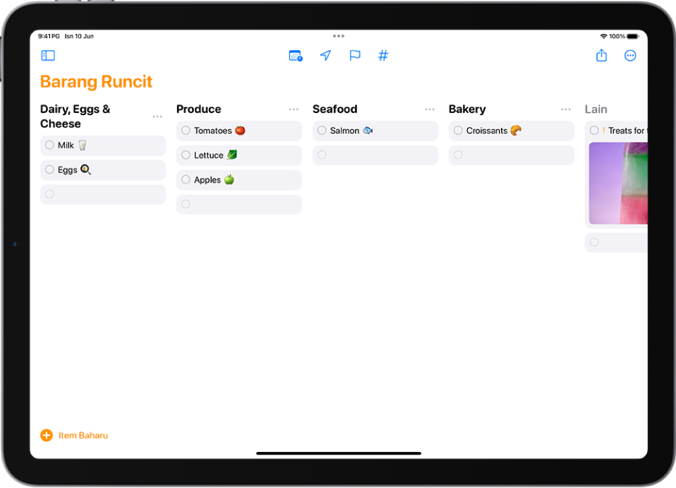 App Peringatan menunjukkan senarai barang runcit dengan kategori disusun sebagai lajur.