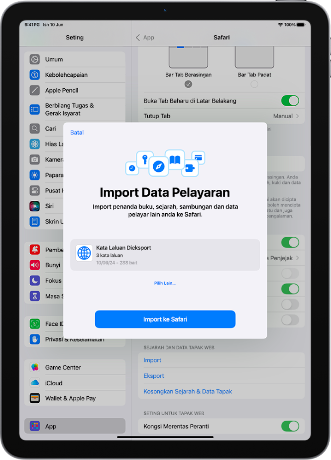 Skrin Import Data Pelayaran menunjukkan fail CSV kata laluan daripada pengurus kata laluan lain untuk diimport.