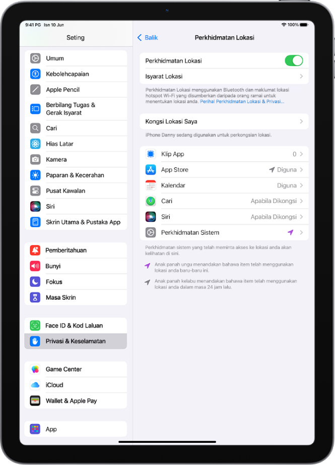Skrin Perkhidmatan Lokasi, dengan seting untuk berkongsi lokasi iPad anda dengan app.