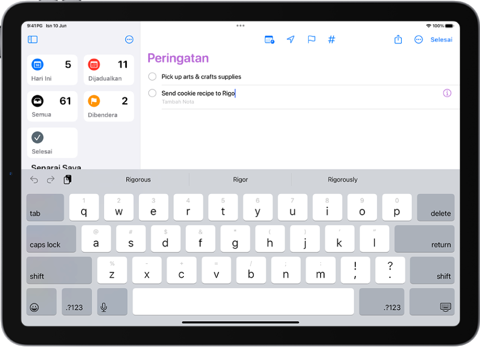 App Peringatan, menunjukkan tugas baharu ditambah ke senarai Peringatan.