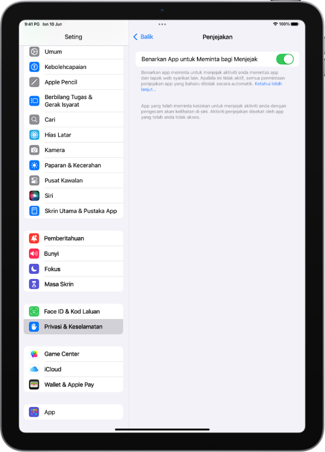 Skrin Penjejakan, dengan seting untuk mengawal sama ada app boleh meminta untuk menjejak anda merentas tapak web atau app yang dimiliki oleh syarikat lain.