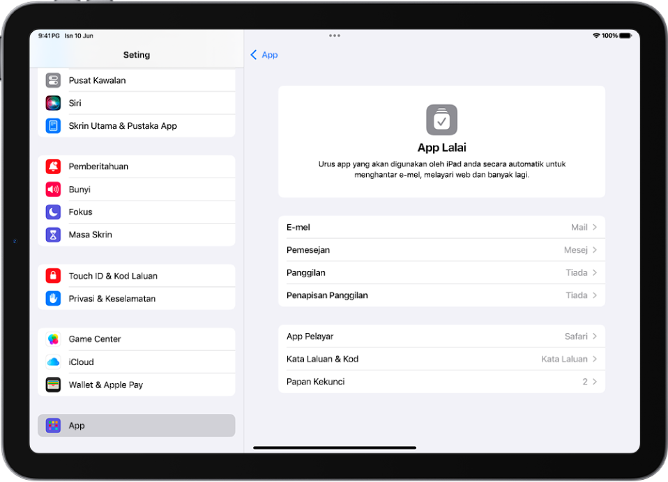 Skrin untuk bertukar app lalai anda bagi menghantar e-mel, melayari web dan banyak lagi.