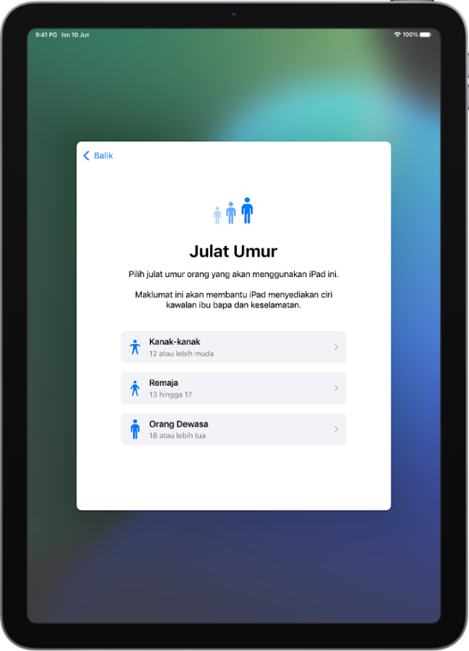 Skrin persediaan Julat Umur. Tiga julat umur disenaraikan: Kanak-kanak (12 tahun atau lebih muda), Remaja (13 hingga 17 tahun) dan Dewasa (18 tahun atau lebih tua).