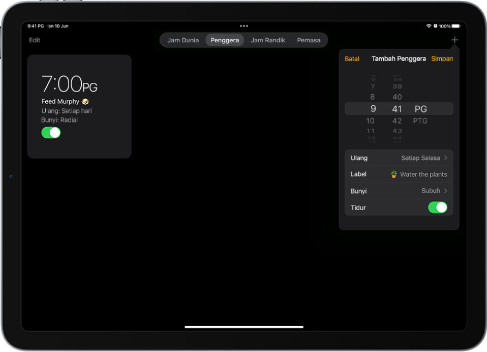 Tab Penggera dalam app Jam, dengan seting untuk menukar masa penggera, memilih sama ada penggera berulang, menambah label penggera, memilih bunyi penggera dan mengaktifkan tidur.