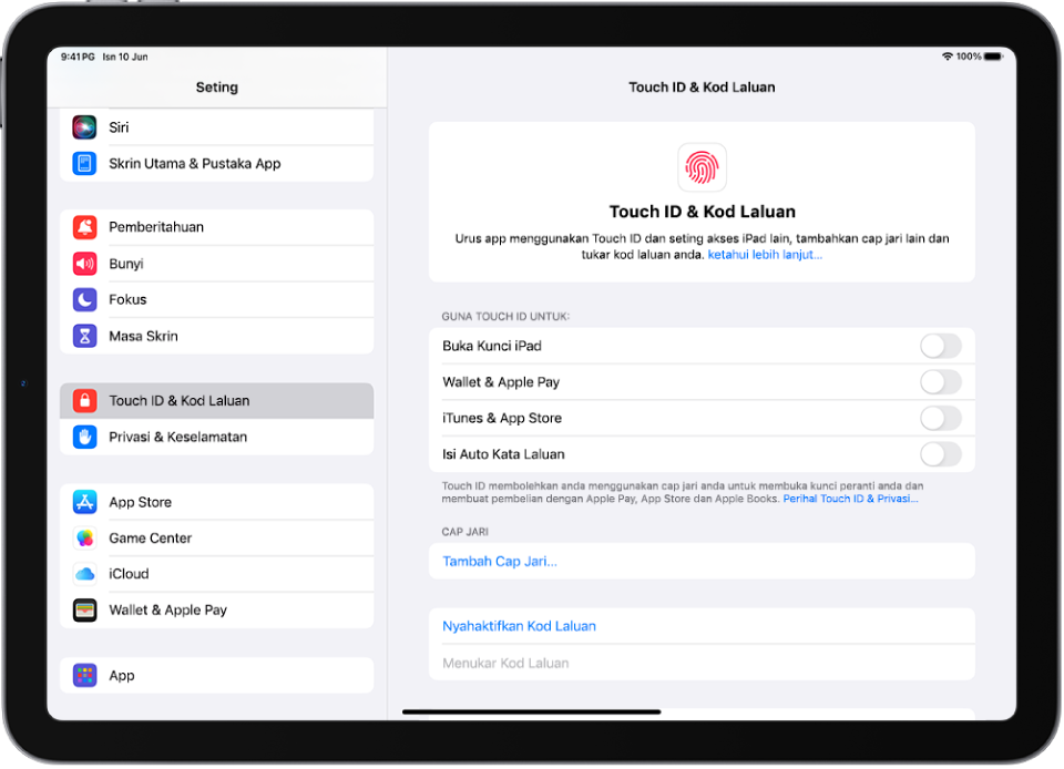 Skrin menunjukkan seting untuk Touch ID & Kod Laluan, dengan pilihan untuk menambah cap jari dan mengaktifkan kata laluan.