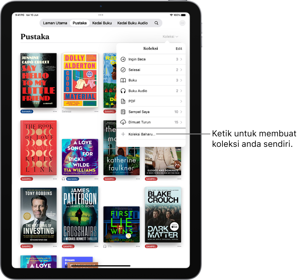 Skrin Pustaka dalam app Buku. Di bahagian atas skrin, menu Koleksi dibuka dan menunjukkan pilihan seperti Audio Buku dan PDF.