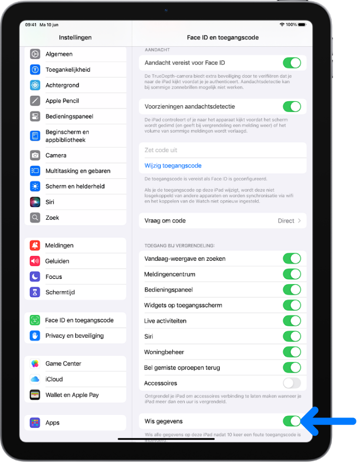 De regelaar voor het wissen van gegevens onder in het scherm 'Face ID en toegangscode' in Instellingen.