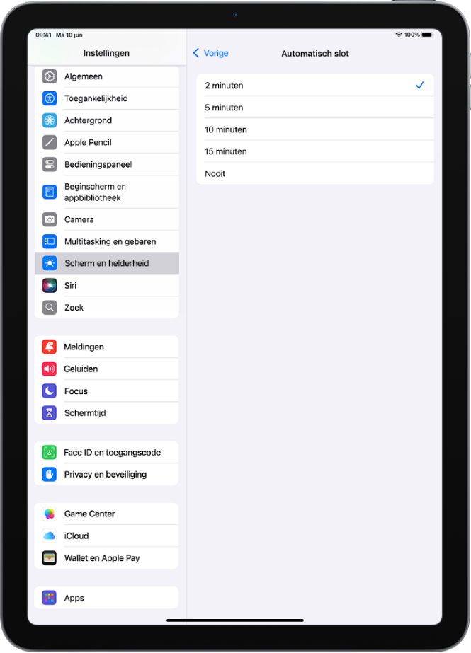 Het scherm 'Automatisch slot', met instellingen voor de tijdsduur waarna de iPad automatisch wordt vergrendeld.