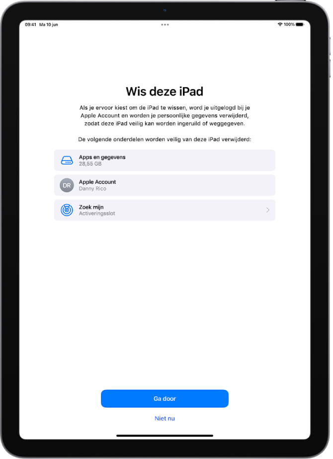 Het scherm 'Wis deze iPad'.