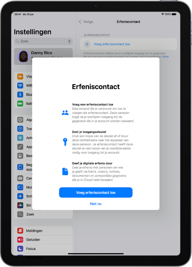 Het scherm 'Erfeniscontact' met informatie over de functie. Onderin zie je de knop 'Voeg erfeniscontact toe'.