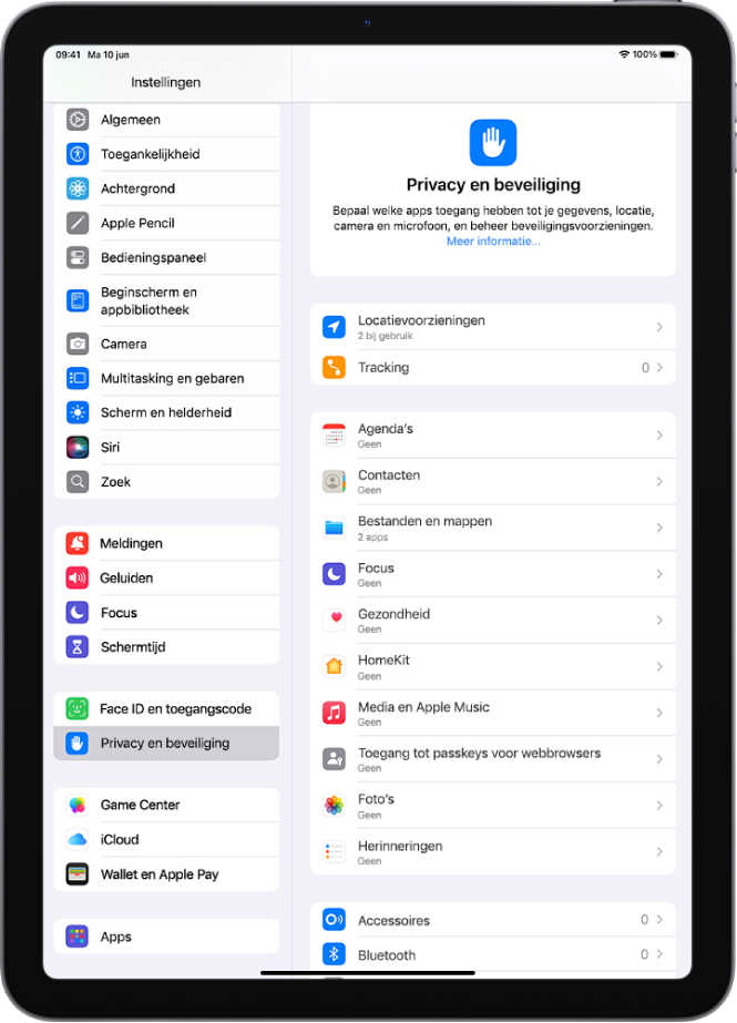 De instellingen voor 'Locatievoorzieningen', met opties voor het delen van de locatie van je iPad en aangepaste instellingen voor afzonderlijke apps.